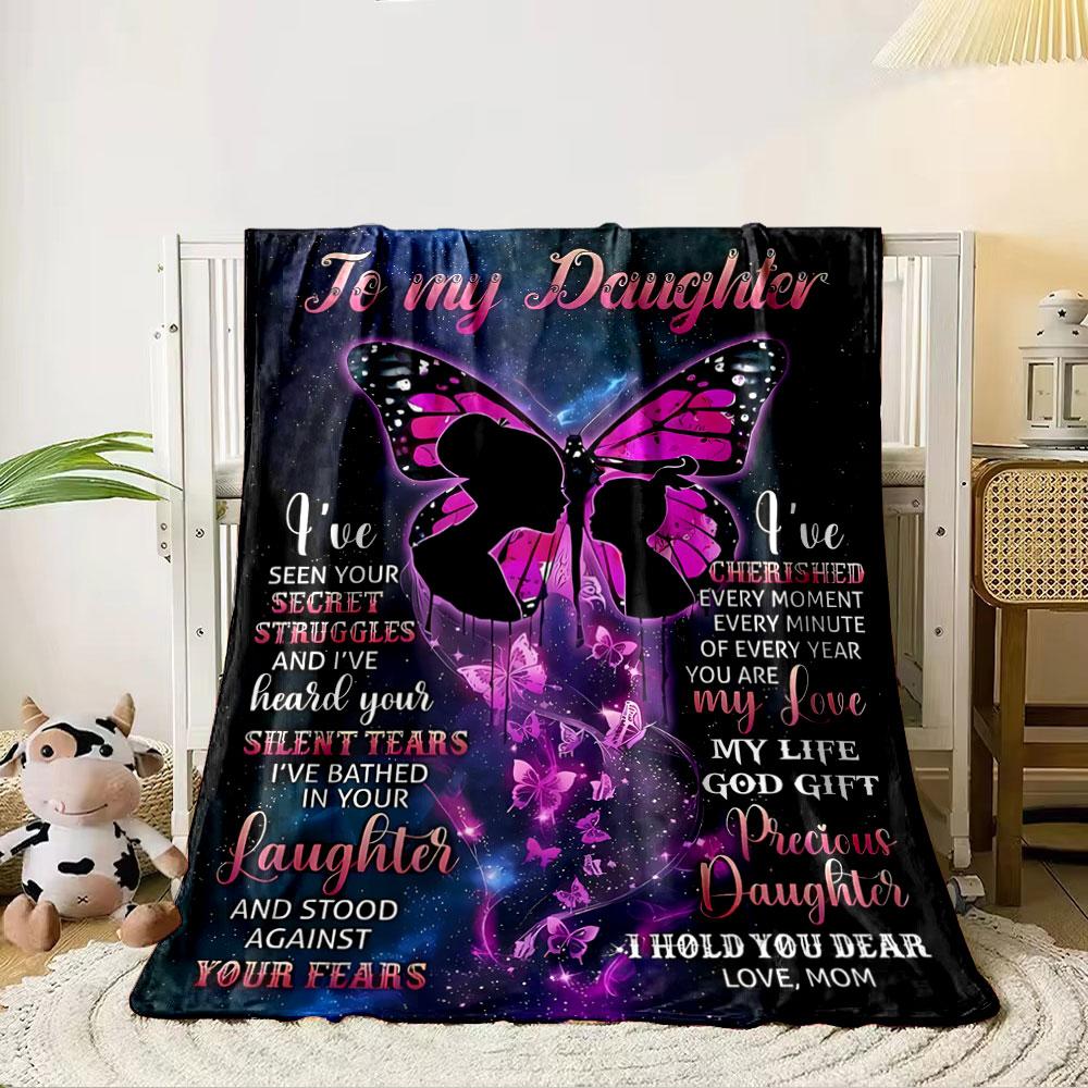 A pink butterfly and silhouettes with heartfelt text on a cosmic background. for all seasons blanket lunch break throw gift