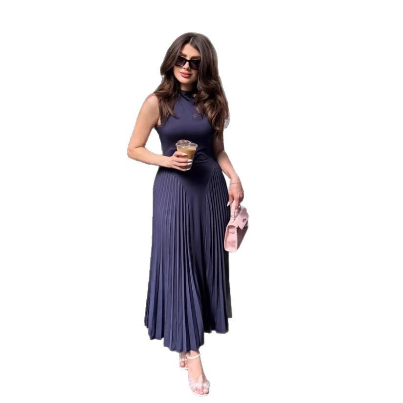 European and American Women's Clothing Summer New Fashion Temperament Slim and Thin Pleated Design Big Pendulum Dress