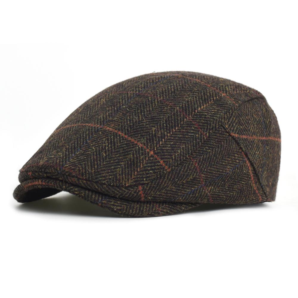 Newsboy Cap Men Winter Thick Warm Vintage Herringbone Casual Stripe Berets Flat Hat Peaked Cap Adjustable