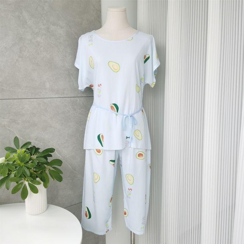 

Summer High-End Poplin Pajamas Homewear Suit Loose Clothes round Neck Short Sleeve Cropped Pants Print Pullover Pajamas Light blue All yards