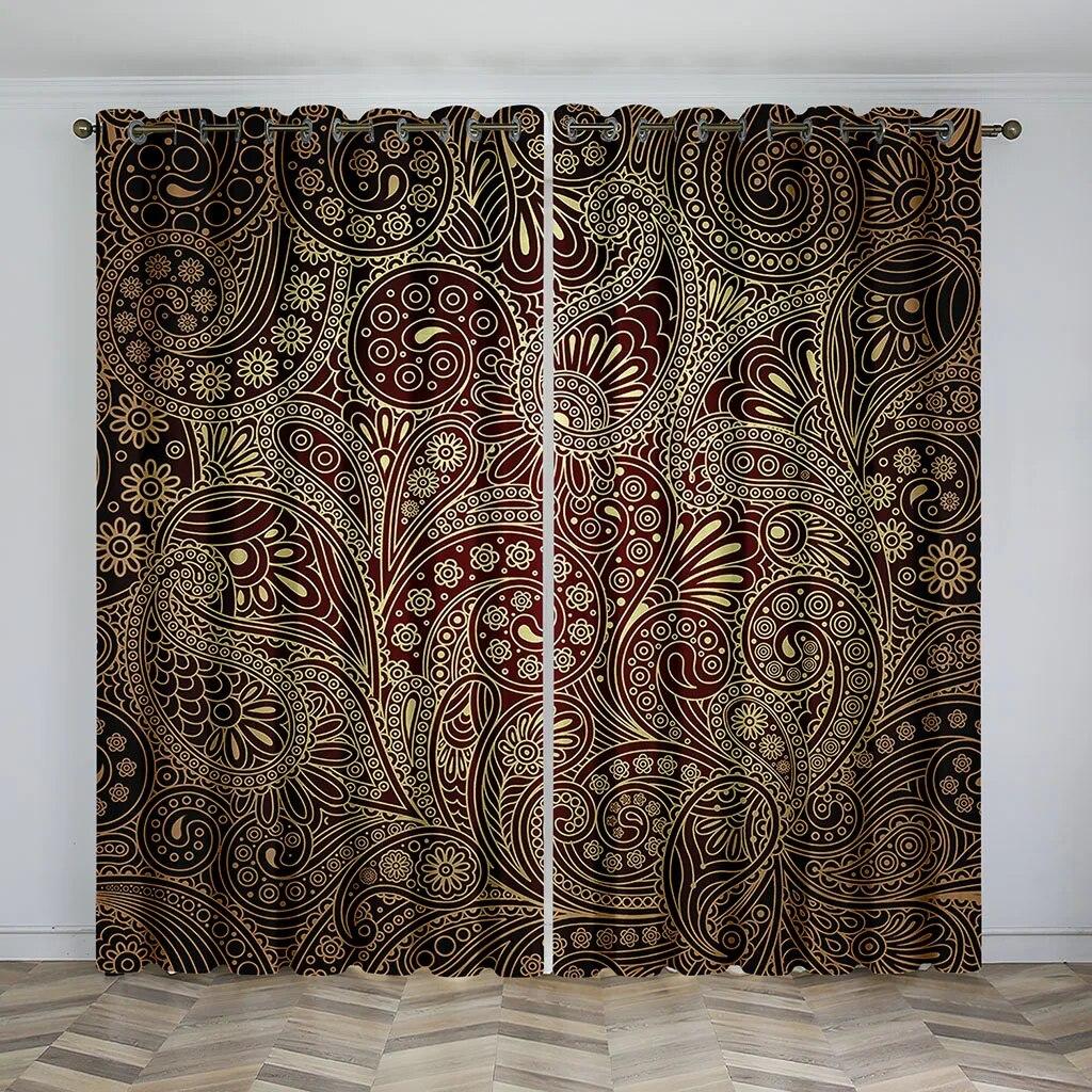 3D Tisk Černý a Zlatý Mandala Závěs 2 Kusy Doprava Zdarma Tenké Závěsy Pokoj Boho Luxusní Značka Dekor Ložnice Obývací Pokoj