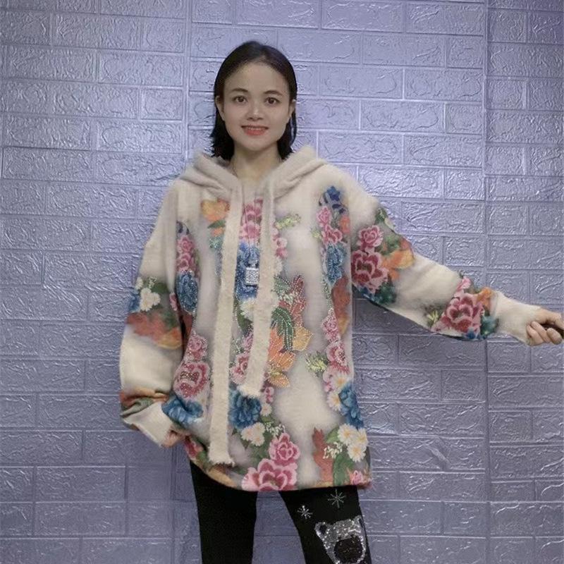 Women's Mink Velvet Sweater: 2023 Autumn/Winter Round Neck Cartoon Knit Pullover