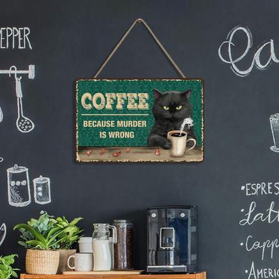 Retro Cat Coffee Wall Sign Funny Black Cat Wall Art Poster Vintage Wood Hanging Sign for Kitchen Coffee Bar Home Decor