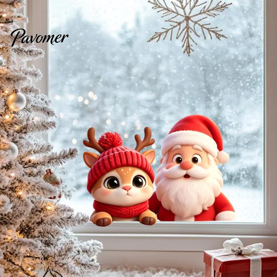 Holiday Glass Stickers Santa Claus Reindeer Window Cling, Christmas Static Sticker Decals for Party, Removable Reusable Decoration Decal Bathroom