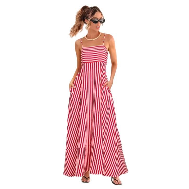 2026 European and American Women's Clothing Explosive Summer New Casual Vacation Striped Suspender Dress