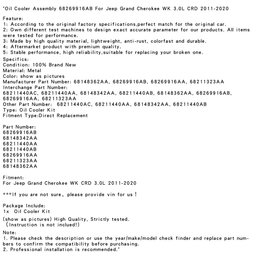 Ölkühler Baugruppe 68269916AB Für Jeep Grand Cherokee WK 3.0L CRD 2011-2020