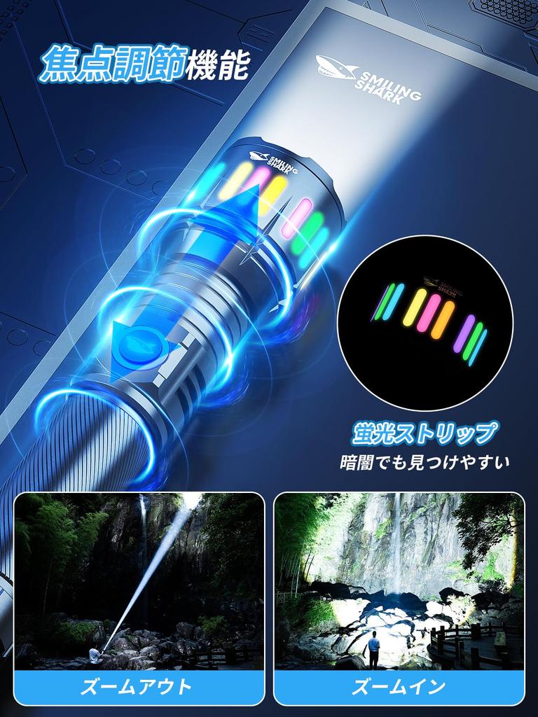 Smiling Shark M1 Neueste LED-Taschenlampe mit 4 Dimmstufen, fluoreszierender Akkuanzeige, leistungsstark, handlich, leuchtstark. Perfekt für Stromausfälle und Katastrophen.
