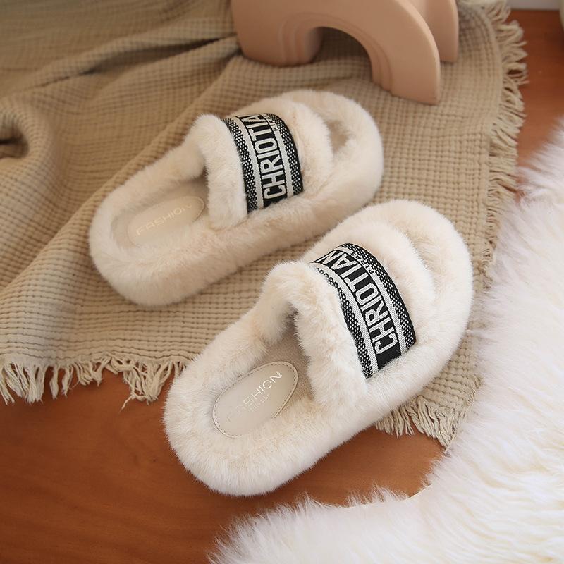 Thick Bottom Heightening Fluffy Slippers Women's Autumn and Winter Velvet Outer Wear 2025 New French Beautiful Letter Soft Bottom Cotton Mop