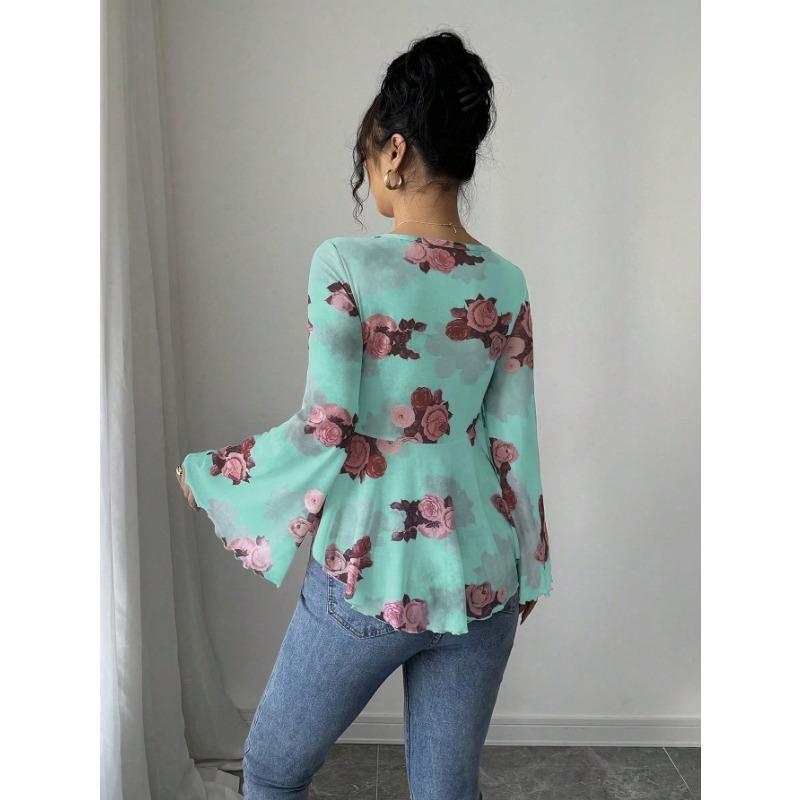 DAFIFY Women's Fashion Casual Spring Autumn Flower Pattern Print Long Sleeve V-Neck Blouses & Shirts