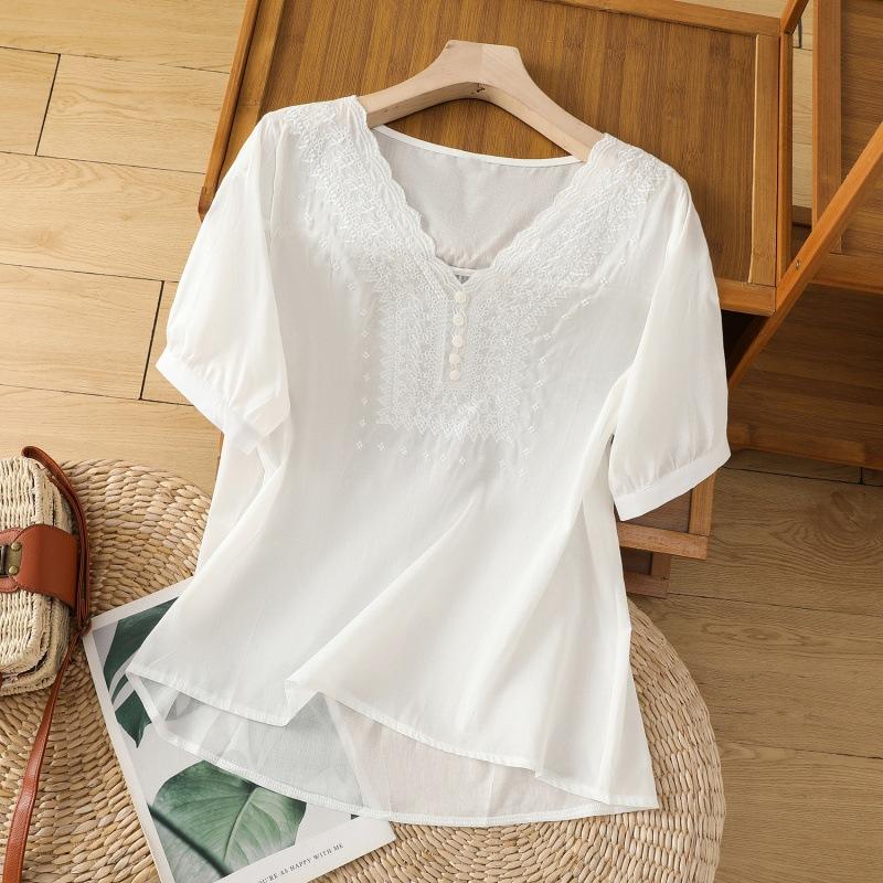 

Хлопок лен цветочная вышивка рубашка женская с короткими рукавами V-образный вырез повседневные блузки свободные однотонные матери футболка женская топ M