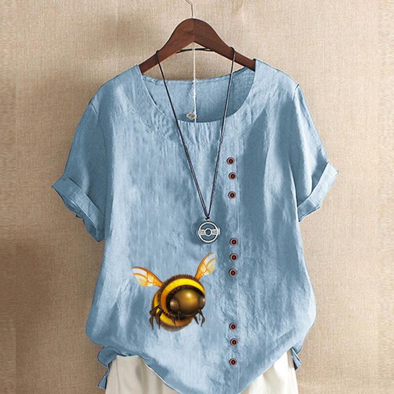 

Женская модная футболка с коротким рукавом с принтом пчелы, свободная хлопковая рубашка, повседневная свободная летняя блузка, топы больших размеров 3XL синий
