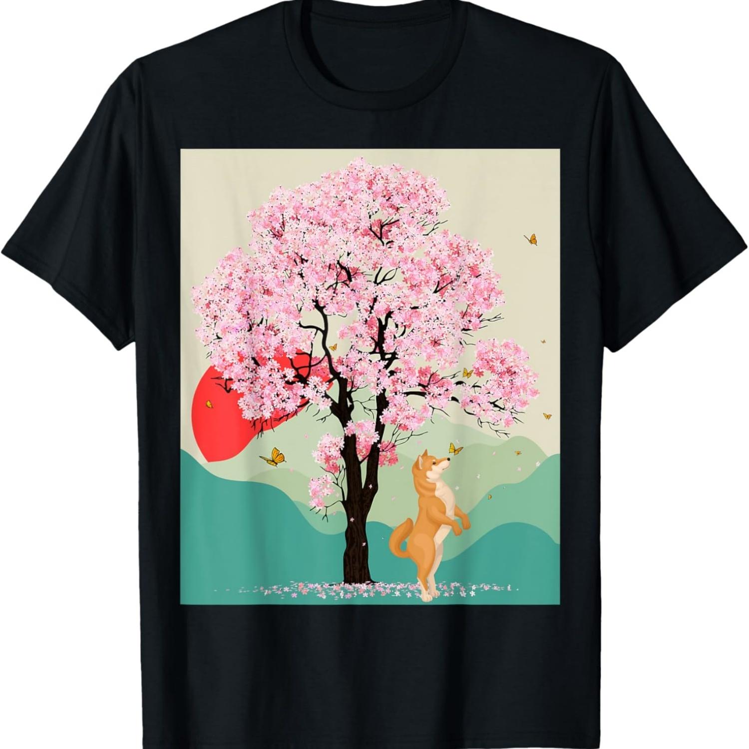 Shiba Inu Dog & Butterflies Cherry Blossom Sakura Tree T-Shirt(1) S чёрный