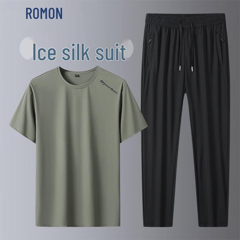 ROMON Men's Ice Silk Short Sleeve Two-Piece Sports Set