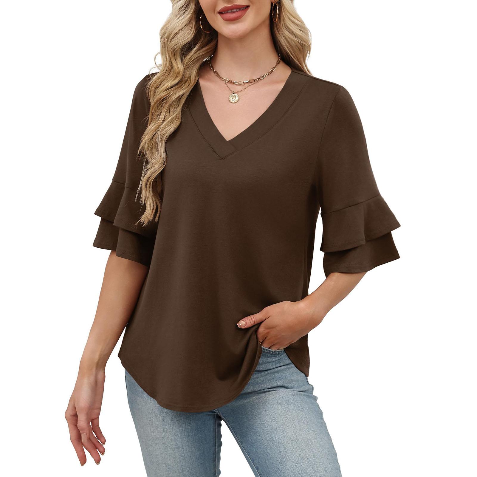 

Womens Casual Solid Color Long Sleeve Top Lightweight Comfortable Fit Basic Shirt for Everyday Wear XL коричневый