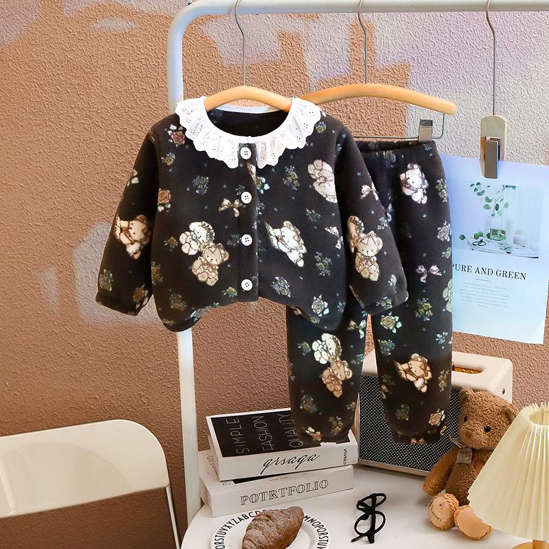 Girls' Velvet Lace Collar Flannel Pajama Set - Autumn/Winter Warmth