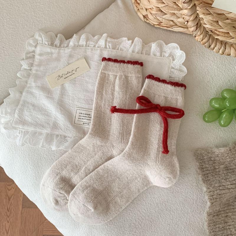 

Playful Red Warm Fleece Wool Socks, Bright Red Christmas Vibrant Red Socks, Bow for The New Year 1 pair