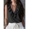 Women V neck ruffle sleeveless tank top solid pink loose boho casual camisole
