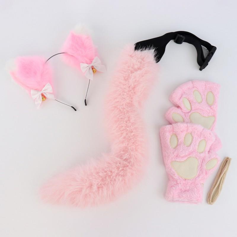 Cat Ear Headband With Bell Set Kawaii Paw Gloves Tail Accessory Cosplay Party Costume