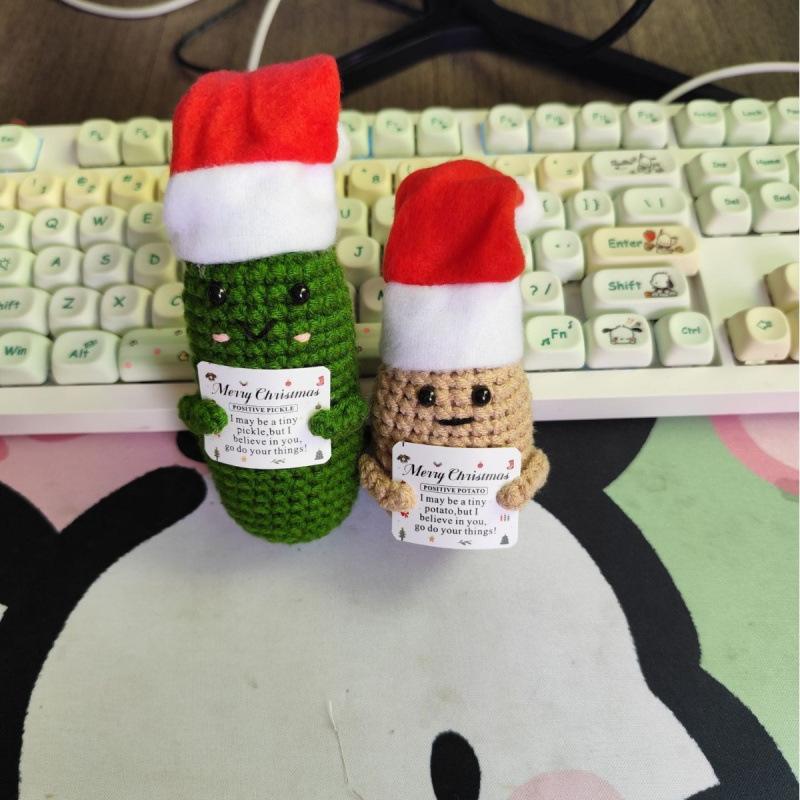 Crochet Emotional Support Cucumber Doll With Flower Home Room Decoration Handmade Knitted Positive Xmas Potato Christmas Gift