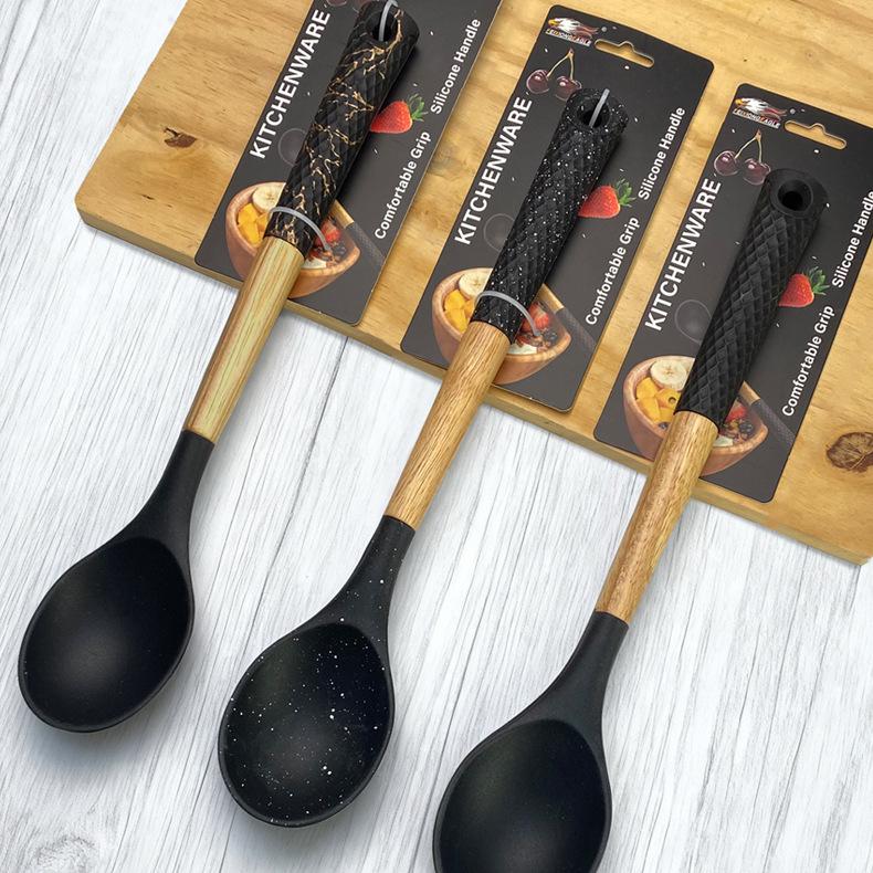 Black Wood Handle Silicone Kitchenware Set: Food-Grade Spatula, Soup Ladle & Cooking Utensils