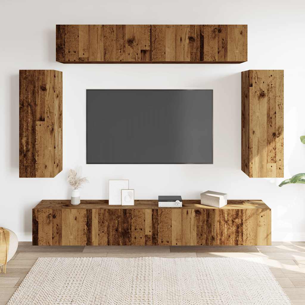 6 Piece Wall Mounted TV Cabinet Set Rustic Wood Look Engineered Wood