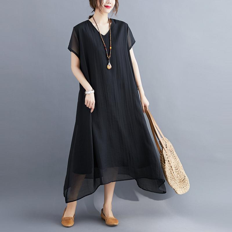 Korean Style Plus Size Summer Women Midi Dress V Neck Black White Pink Blue Yellow Orange Loose Dress Short Sleeve Casual Basic Ladies' Dress