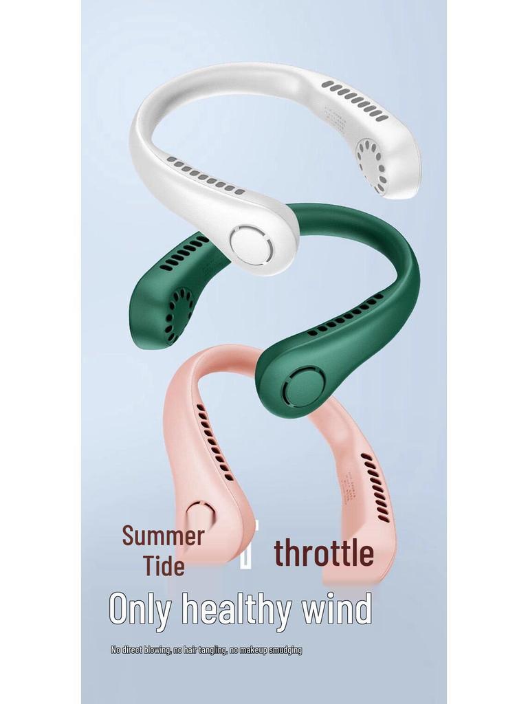 Rechargeable Bladeless Neck-Hanging Portable Mini Fan - Available in Green, White, and Pink.