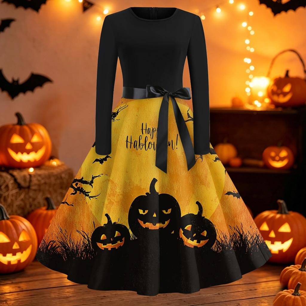 Women's Vintage Halloween Print Round Neck Casual Dress for Everyday Wear