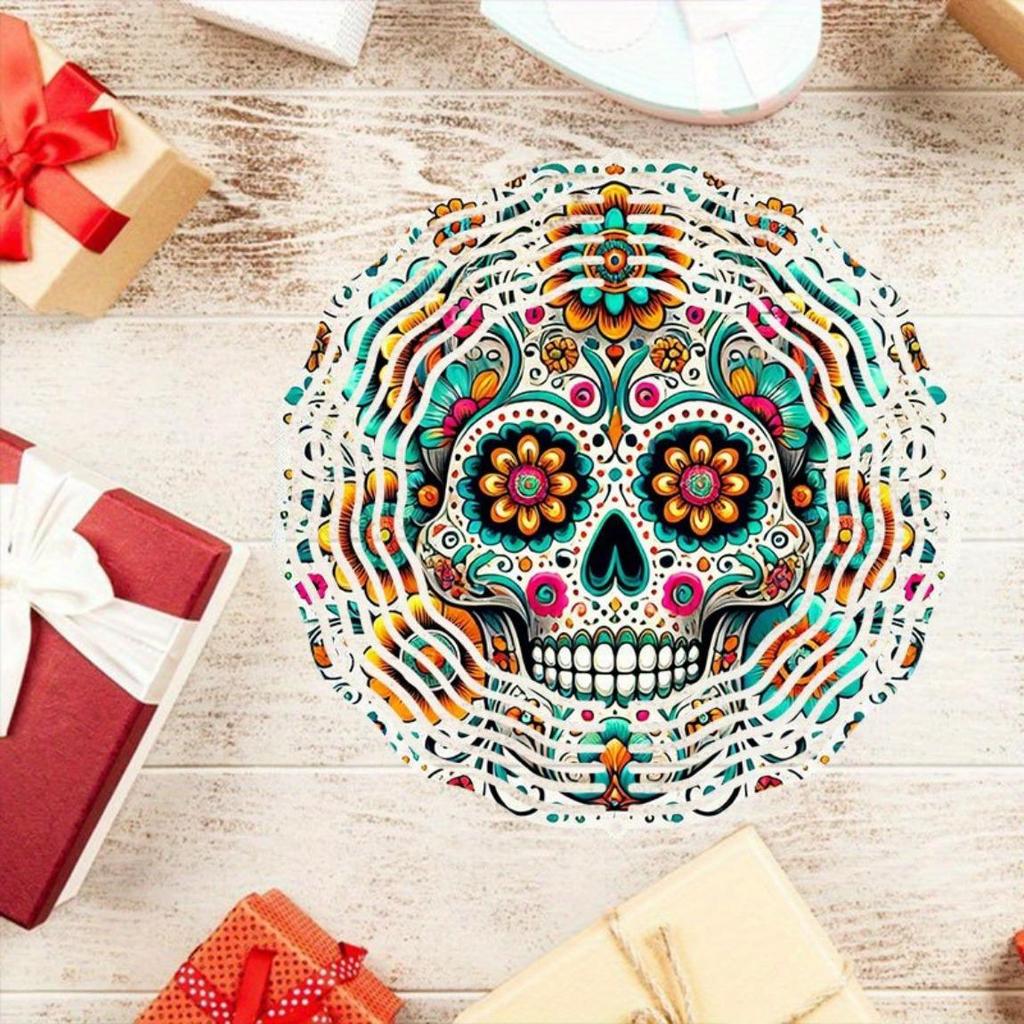 Wind Spinner 2D Metal Garden Patio Decoration Kaleidoscope Skull Design Outdoor Hanging Ornament for Thanksgiving Christmas Holiday Decor