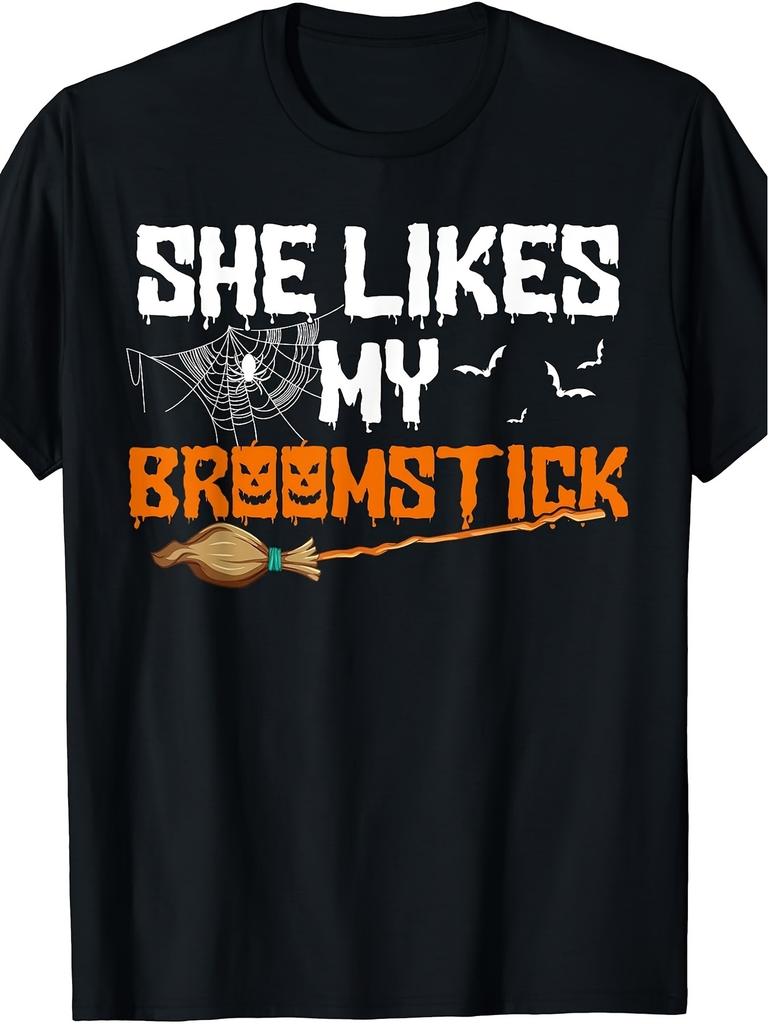 Casual T-Shirt She Likes My Broomstick Funny Halloween Matching Couple T-Shirt