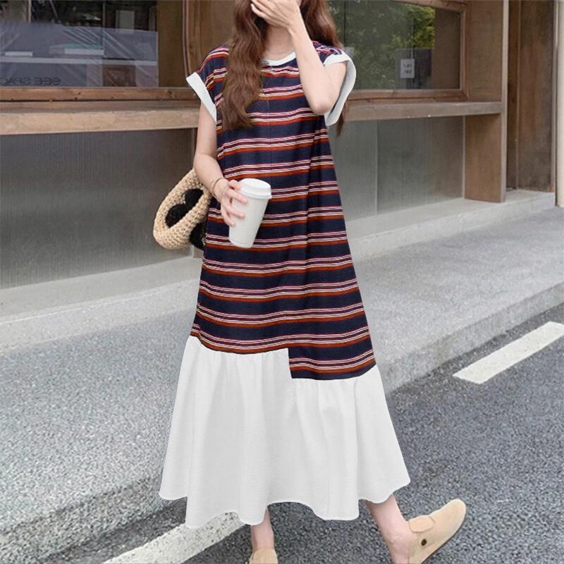 ZANZEA Women Casual Round Neck Summer Short Sleeve Stripe Patchwork Long Dress