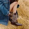 Cowhide Version~ Pointed Thick Heel Engraved Western Cowboy Boots for Women, New Color Matching Retro Style Short Boots for Women In Autumn and Winter