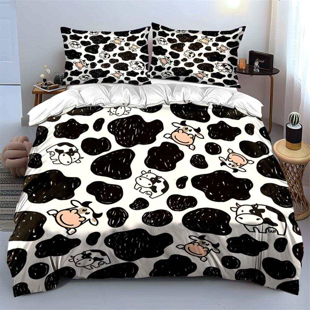 Cartoon Cow Print Pattern Bedding Duvet Cover Set (1*Duvet Cover 2*Pillowcases, Without Duvet Insert)
