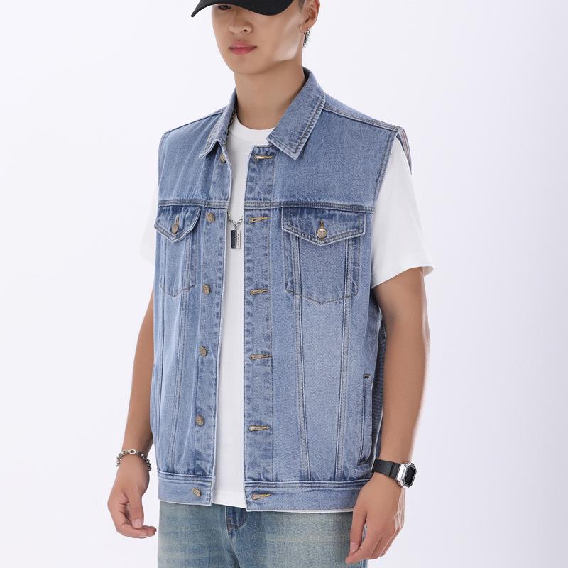 Men's Blue Denim Sleeveless Workwear Vest with Multi-Pockets for Spring and Autumn