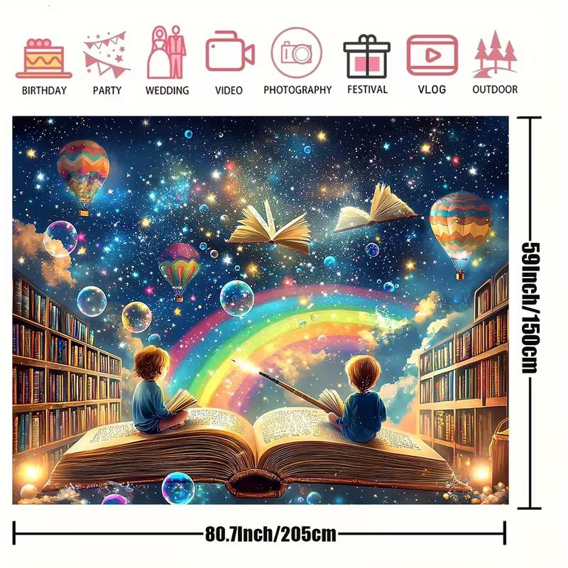 

2D Flat Whimsical Library Banner, Starry Sky with Flying Books for Kids Birthday Party Photoshoot 47.2x31.5inch/120*80cm