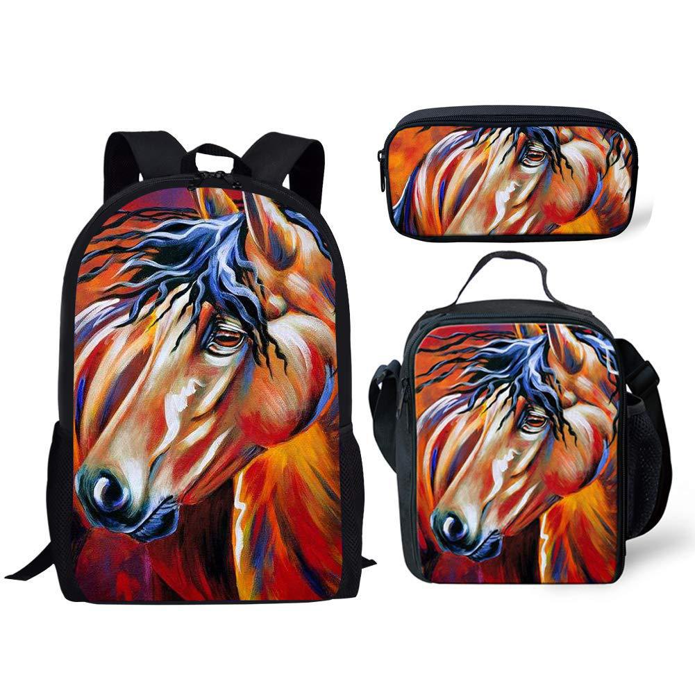 Classic Popular Funny Broken Flower Horse 3D Print 3pcs/Set Pupil School Bags Laptop Daypack Backpack Lunch Bag Pencil Case