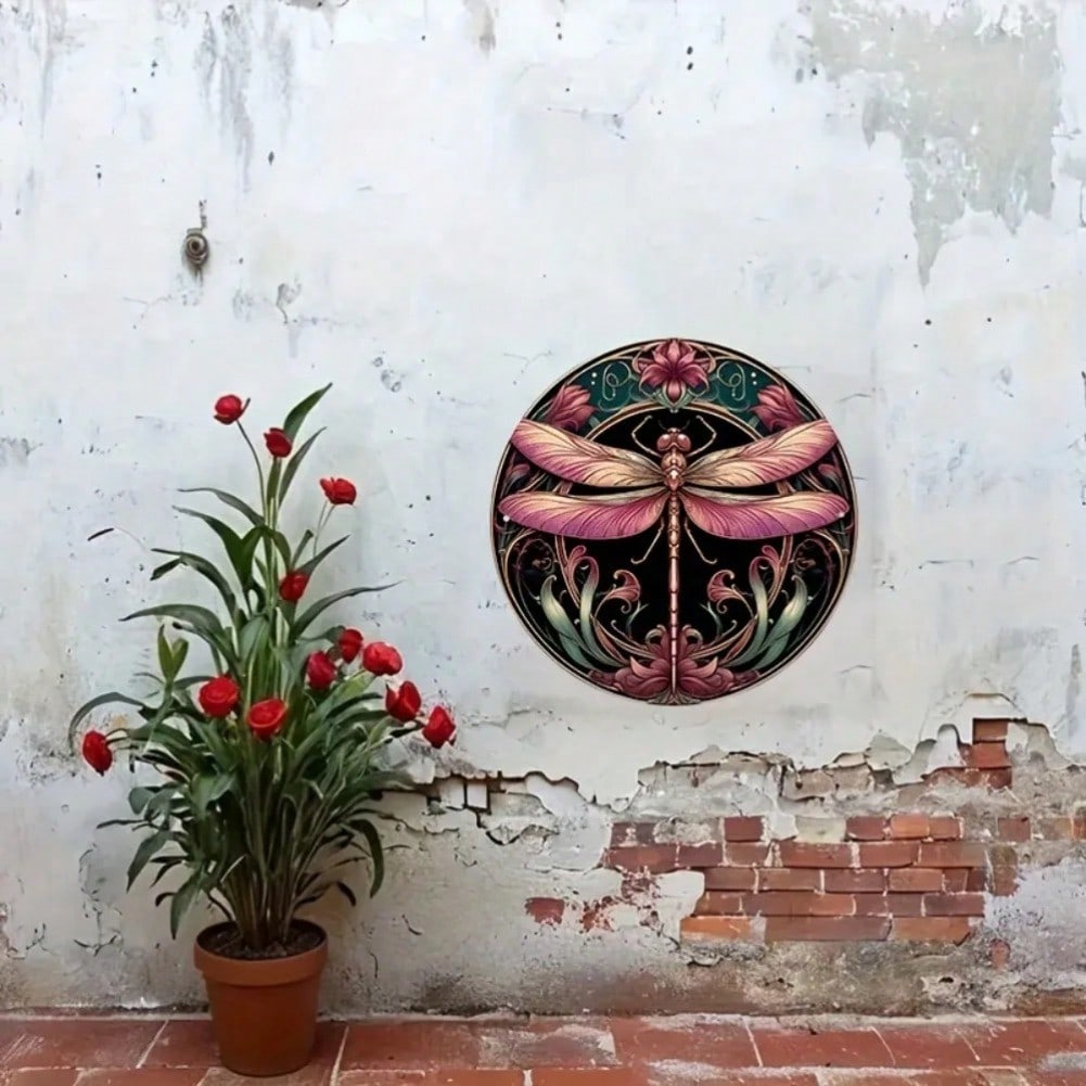 Металлическая жестяная табличка Стрекоза Винтажный Хиппи Стиль Круглое Настенное Искусство Подарок Декор Комнаты 20x20
