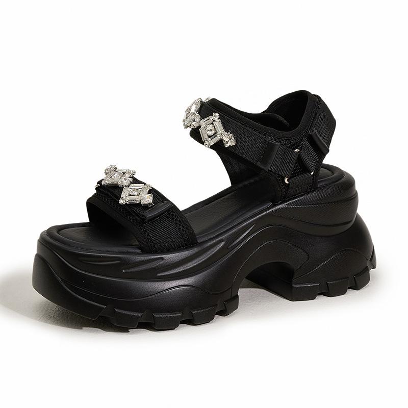 

Мода 8,5 см Женские босоножки на толстом каблуке Летняя мода Уличная обувь На ремешке Слипоны С бриллиантами Универсальные туфли на платформе Повседневный стиль 39 чёрный