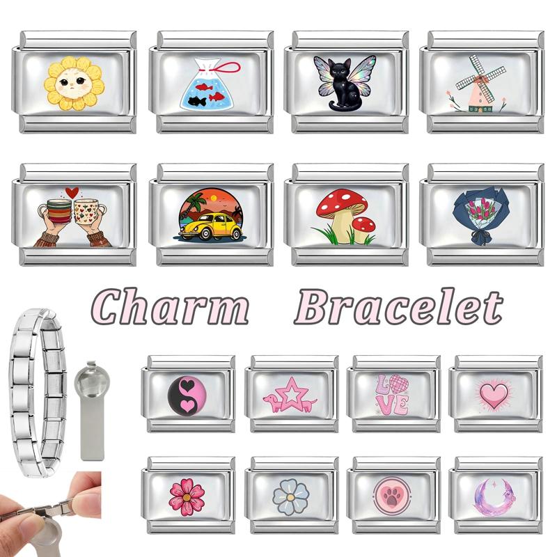 Wholesale Women's Creative Sunflower Mushroom Cat Butterfly Star Dog Charm Fit 9mm Stainless Steel Bracelet DIY Jewelry Gifts