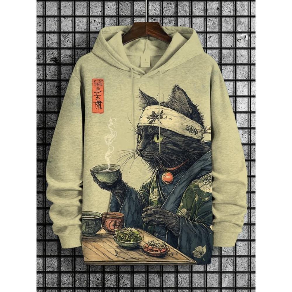 Cartoon Space Cat Pattern Hoodie Men's New Autumn/Winter Loose Pullover Sports Sweatshirt
