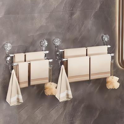 1pc Suction Cup Towel Rack with Hooks, No Hole Towel Storage Rack for Bathroom, Wall Mounted Towel Rack, Bath Towel Hanging Bar