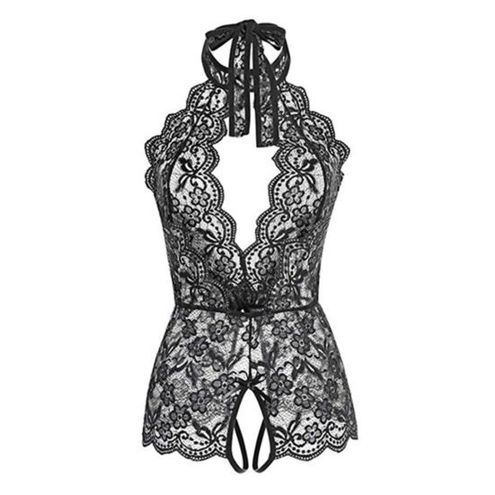 Women Bodysuit Halter Neck Lace Solid Color Soft Bodysuit Underwear