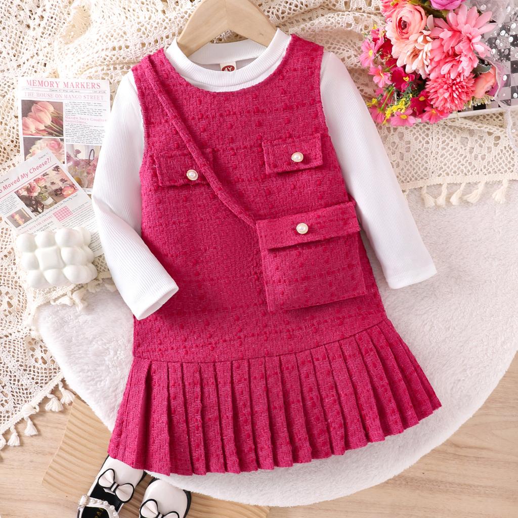 Spring and Autumn New Trendy Girls' Outfit Long Sleeve Inner Wear + Pink Dress with Crossbody Bag