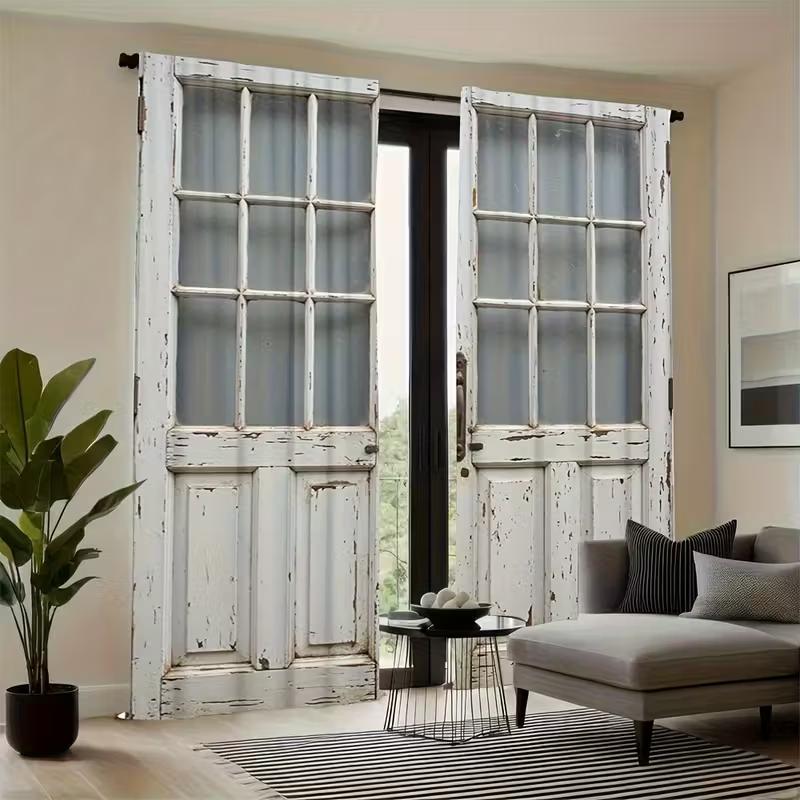 2PCS rural barn door printed curtains   pole bag polyester material design   bedroom   home decoration
