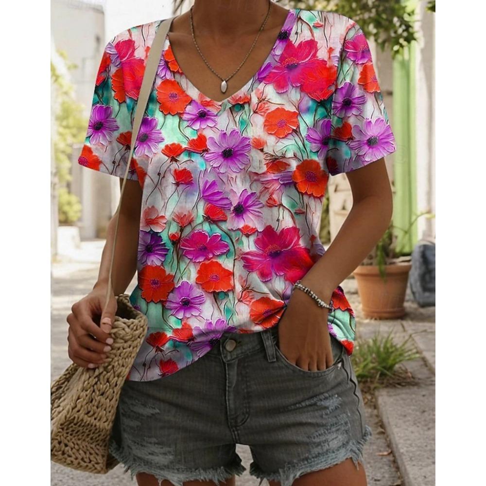 

Fashion Women s V-neck T-shirt Summer Casual Outdoor Short-sleeved Blouse Floral Print Style Loose Women s Clothing XXXL