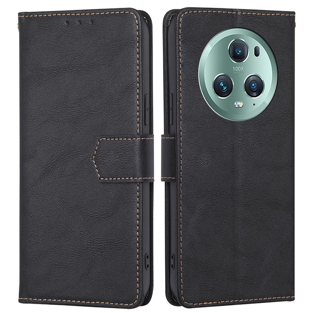

For Honor Magic5 Pro Cowhide Texture Phone Wallet Case PU Leather RFID Blocking Stand Phone Cover Black