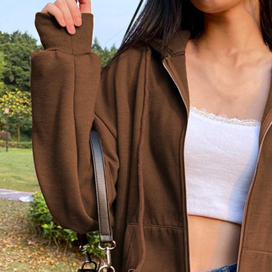 Women Hoodies Hooded Zipper Autumn Winter Thick Solid Color Drawtring Sweatshirt Coat for Daily Wear