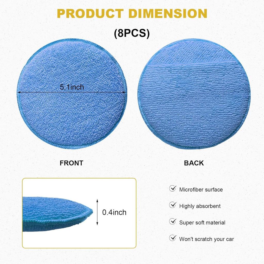 8PCS Microfiber Wax Applicator Pads, 5 Inch Round Car Wash Sponge Cleaning Tools with Finger Pocket, Scratch-Free Ultra-Soft Foam Bulk for Fine