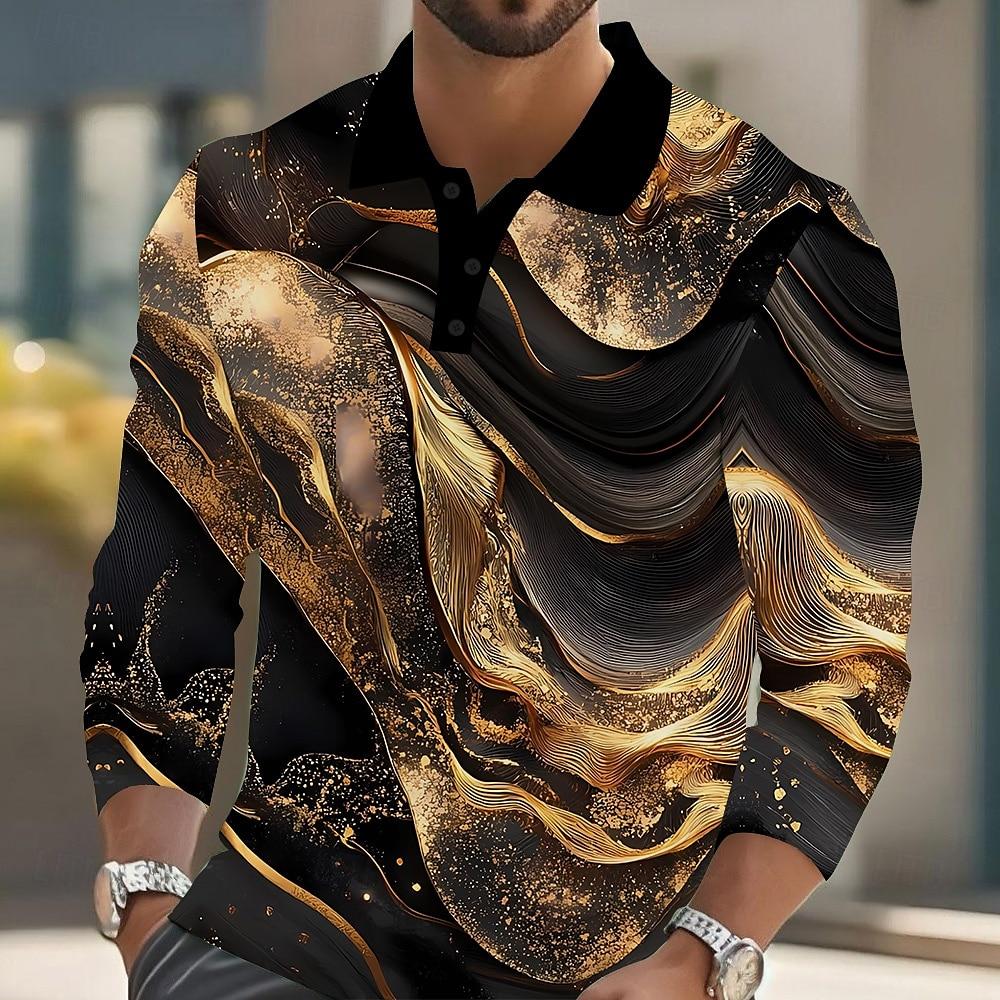 Men's Abstract Marble Long Sleeve Polo Shirt Breathable Business Casual Top Slim Fit Quick Dry Multi Colors Fall Winter