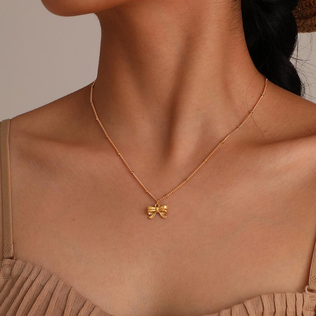 Gold Plated Charm Necklace,Stainless Steel Bow Pendant Necklace for Women,Trendy Charm Waterproof Wedding Choker Jewelry
